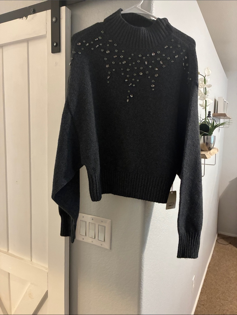 NWT !!! a.n.a Black Jewel-Embellished Mock Neck Sweater